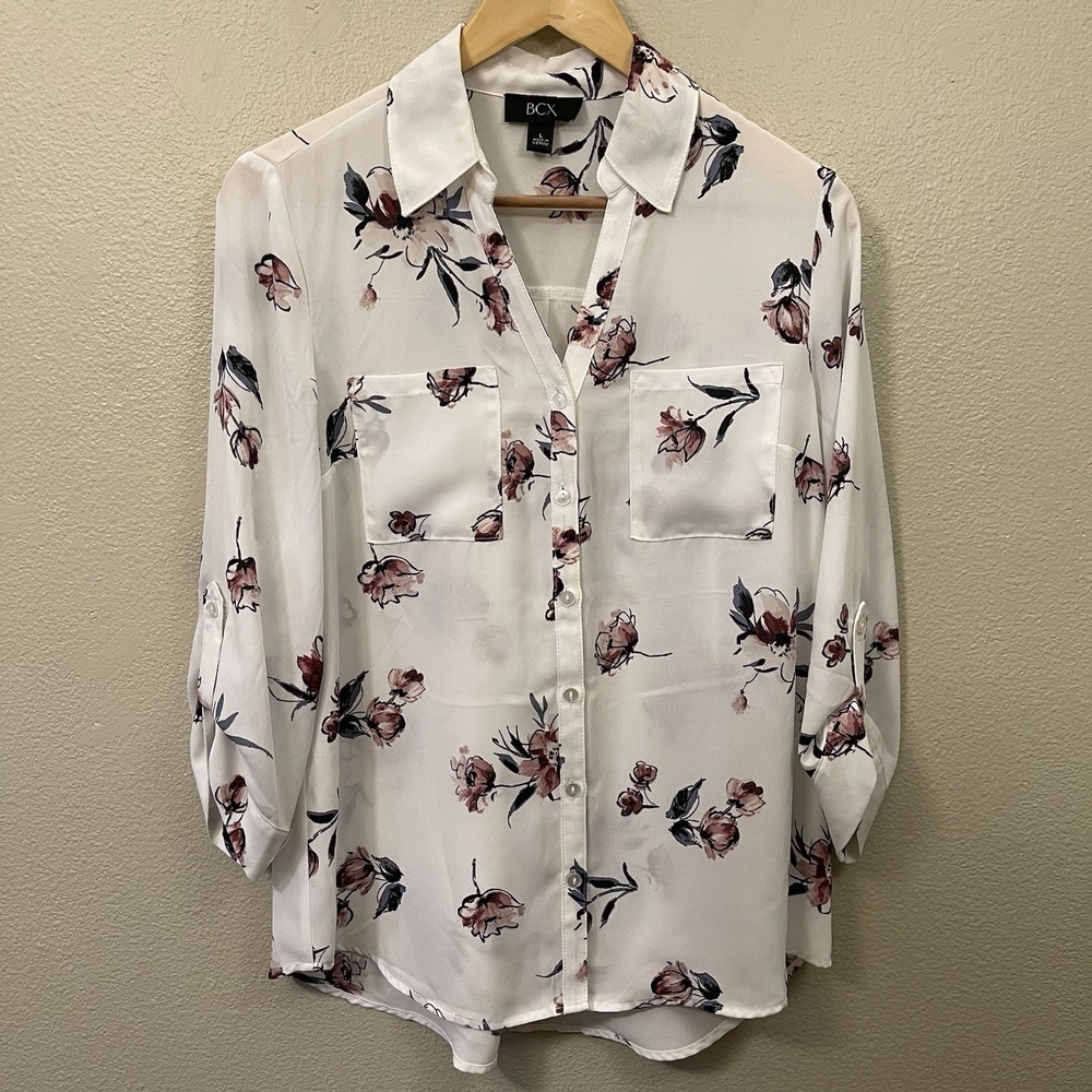 BCX Floral Button Up Shirt Roll Tab Sleeve  White Burgundy Dressy Office Size L